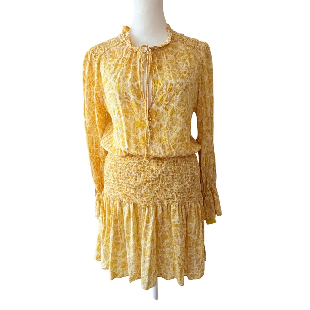 KARLIE Yellow Snake Print Boho Romantic Feminine Smocked Waist Dress Sz SMALL